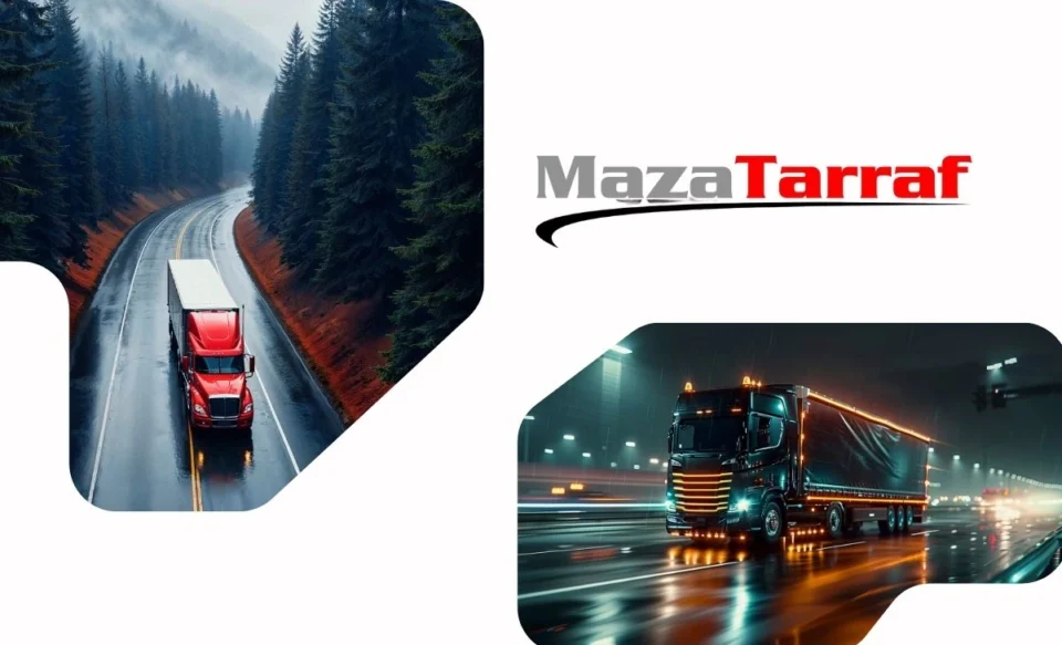 NA IMAGEM TEM A LOGOMARCA DA EMPRESA MAZA TARRAF E DUAS FOTOS DE CAMINHÕES SCANIA