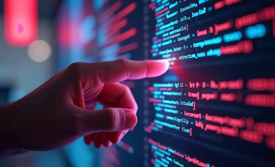 NA IMAGEM TEM UMA MÃO TOCANDO A TELA DE UM COMPUTADOR COM CODIGOS DE PROGRAMAÇÃO