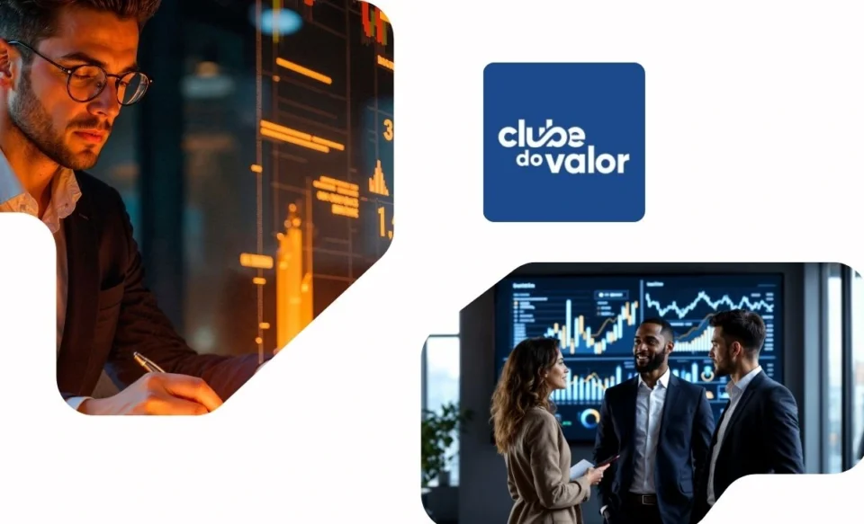 NA IMAGEM TEM A LOGOMARCA DA EMPRESA CLUBE DO VALOR, NO LADO DIREITO E ESQUERDO DA IMAGEM TEM FOTOS DE TRABALHADORES EM SEU AMBIENTE DE TRABALHO EM UMA EMPRESA DE INVESTIMENTOS.