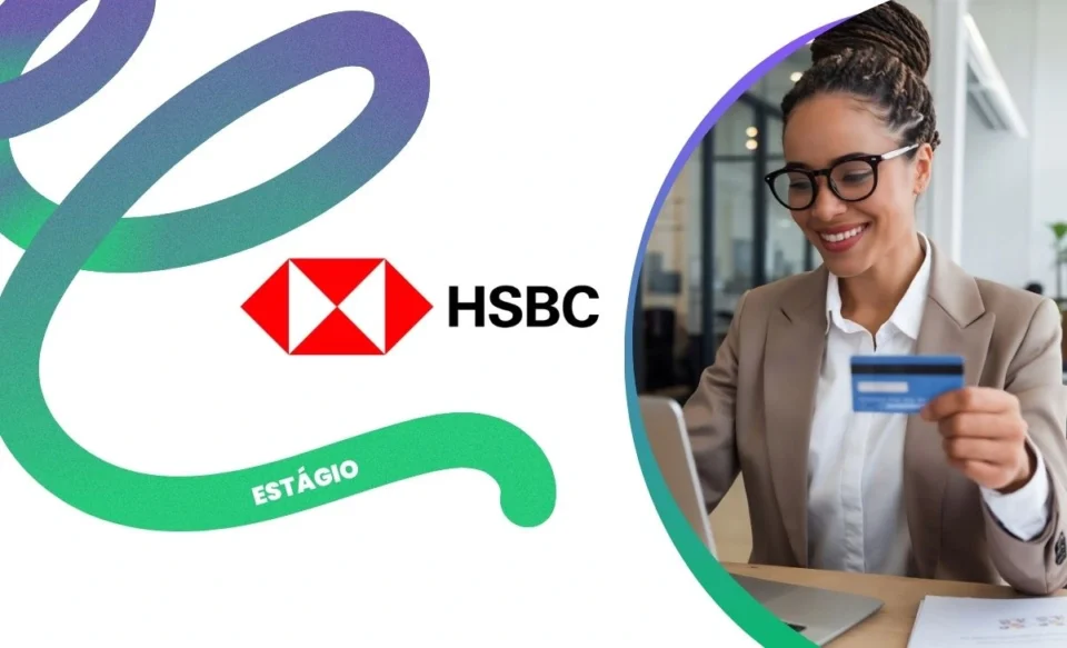 NO CENTRO DA IMAGEM TEM A LOGOMARCA DA EMPRESA HSBC, NO LADO DIREITO DA IMAGEM TEM UM FOTO DE UM MULHER COM UM CARTÃO DE BANCO E OLHANDO PARA O COMPUTADOR.