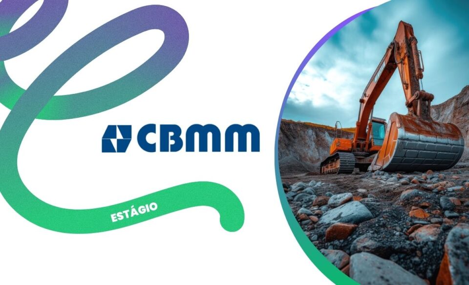 NO CENTRO DA IMAGEM TEM A LOGOMARCA DA CBMM, E NO LADO DIREITO TEM A FOTO DE UMA ESCAVADEIRA DE MINERAÇÃO.