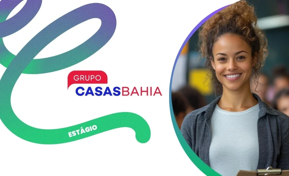 na imagem tem a logomarca da empresa grupo casas bahia, e ao lado uma foto de um mulher universitária