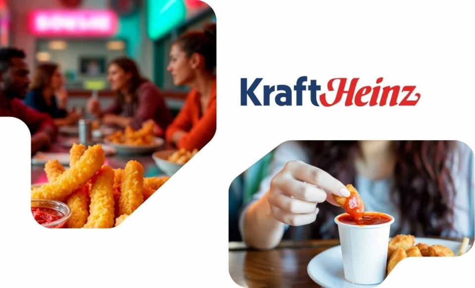 NA IMAGEM TEM A LOGOMARCA DA EMPRESA KRAFT HEINZ, NO LADO DIREITO E ESQUERDO DA IMAGEM TEM FOTOS DE COMIDAS COM KETCHUP