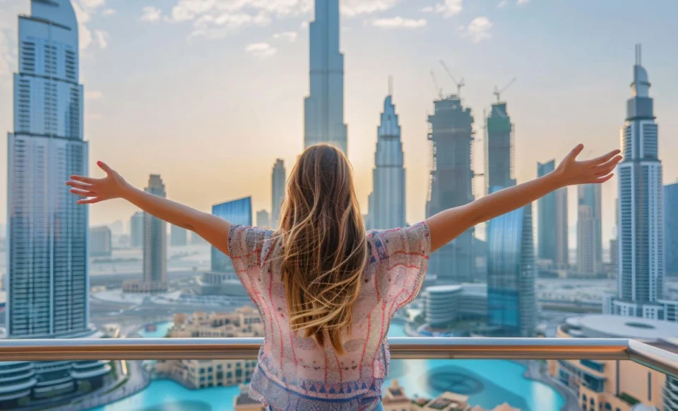 na imagem tem uma mulher de braços abertos mostrando a grande metrópole dubai