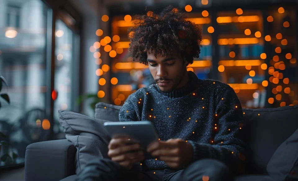 NA IMAGEM TEM UM HOMEM JOVEM USANDO UM IPAD, SIMULANDO QUE ESTÁ FAZENDO O CURSO ONLINE
