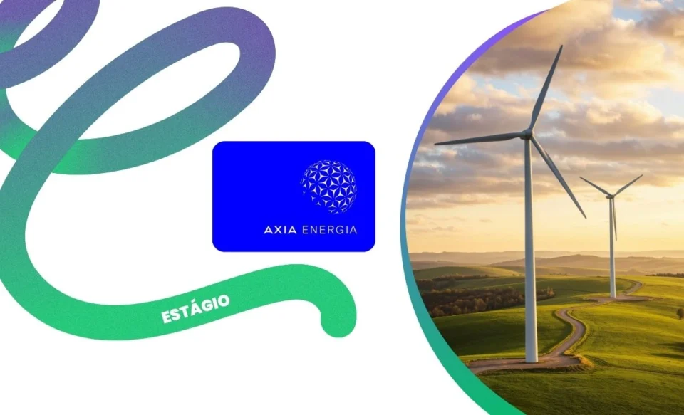 na imagem tem a logomarca da empresa axia energia e ao lado direito tem uma foto de geradores de energia aeólica.
