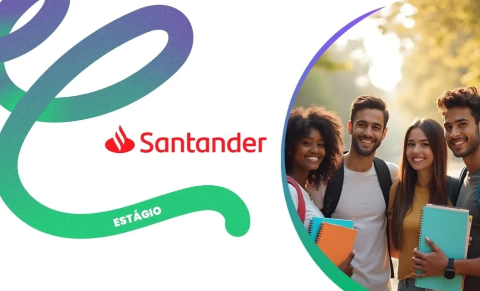 NA IMAGEM TEM A LOGOMARCA DA EMPRESA SANTANDER, E DO LADO DIREITO TEM UMA FOTO COM 4 ESTUDANTES UNIVERSITÁRIOS.