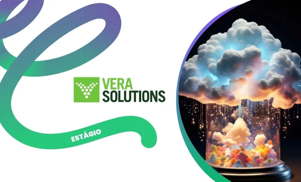 na imagem tem a logomarca da vera solutions e uma foto de um nuvem tecnológica