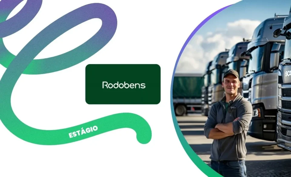 NA IMAGEM TEM A LOGOMARCA DA RODOBENS E NO LADO DIREITO UMA FOTO DA DE UM HOMEM NA FRENTE DE UMA FROTA DE CAMINHÕES.