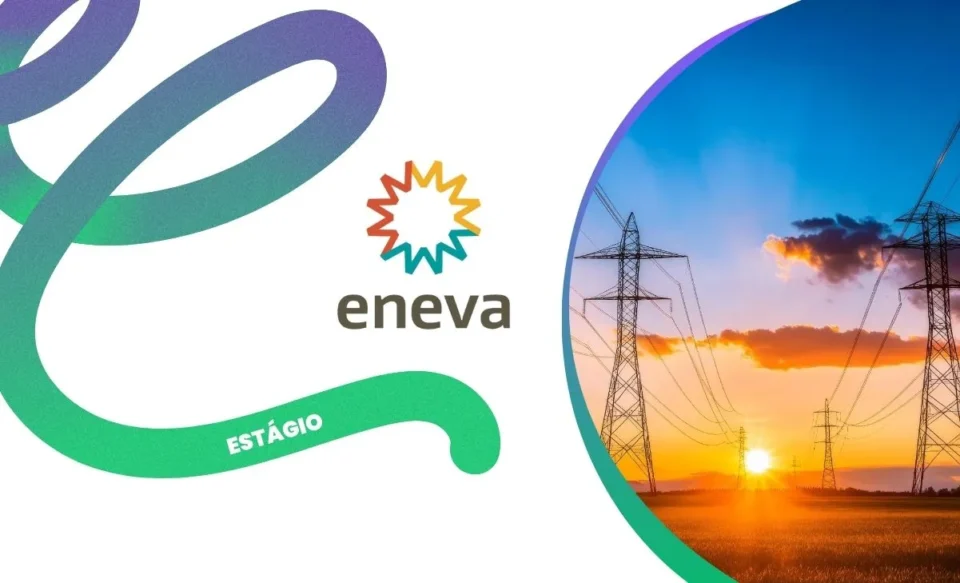 na imagem tem a logomarca da empresa eneva, no lado direito da imagem tem uma foto de torres de transmissão elétrica
