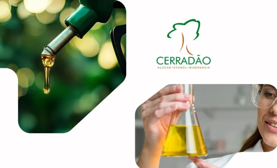 na imagem tem a logomarca da empresa cerradão, no lado direito tem uma foto de uma mulher com um tubo de ensaio fazendo testes de combustível, do lado esquerdo tem uma foto de uma mangueira de abastecimento.
