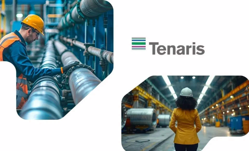 NA IMAGEM TEM A LOGOMARCA DA EMPRESA TENARIS E DUAS FOTOS DE TRABALHADORES EM UM AMBIENTE DA INDUSTRIA DE TUBULAÇÕES.