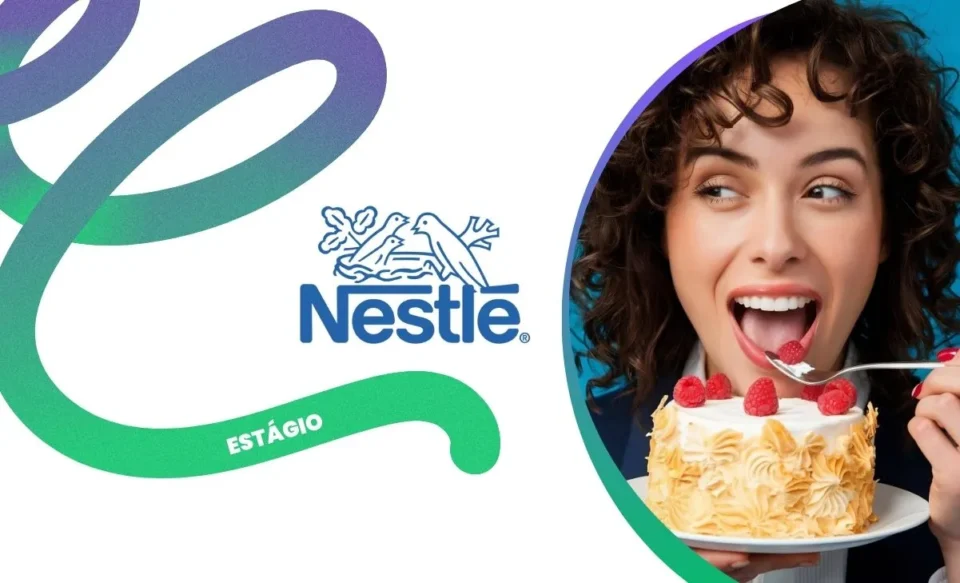 NA IMAGEM TEM A LOGOMARCA DA EMPRESA NESTLÉ, E DO LADO DIREITO UMA FOTO DE UMA MULHER COMENDO UM BOLO