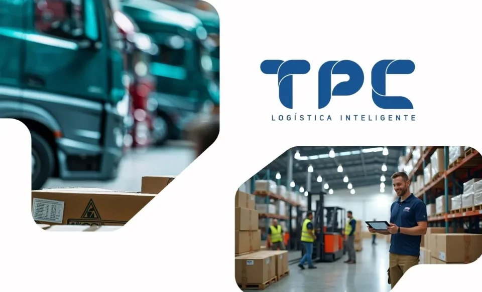 na imagem tem a logomarca da empresa tpc logística inteligente, do lado direito e esquerda da imagem central tem fotos de ambientes de logísticas.