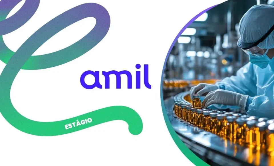 na imagem tem a logomarca da empresa amil, no lado direito tem uma foto com uma mulher trabalhando na fábrica farmacêutica.
