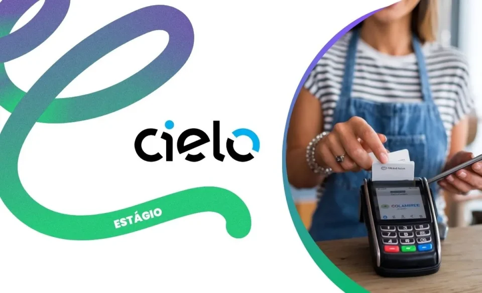 NA IMAGEM TEM A LOGOMARCA DA EMPRESA CIELO E UMA FOTO DE UM MULHER PAGANDO COM MAQUININHA DE CARTÃO