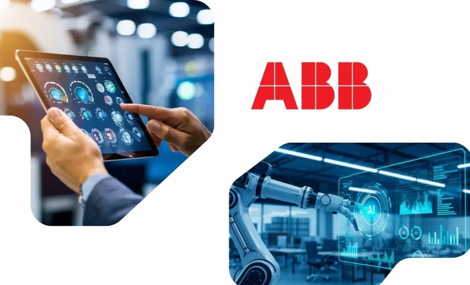 NA IMAGEM TEM A LOGOMARCA DA EMPRESA ABB, E NO LADO DIREITO E ESQUERDO DA IMAGEM TEM DUAS FOTOS QUE SIMULAM TRABALHOS COM AUTOMAÇÃO.
