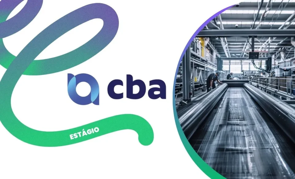 na imagem tem a logomarca da empresa cba e uma foto de um galpão em produção de alumínio