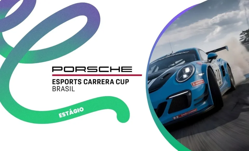 NA IMAGEM TEM A LOGOMARCA DA COMPETIÇÃO PORSCHE CUP BRASIL E UMA FOTO DE UM PORSCHE CORRENDO NA PISTA.