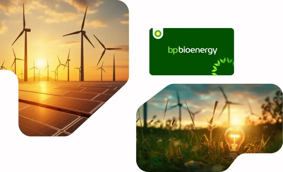NA IMAGEM TEM A LOGOMARCA DA BP BIOENERGY, E FOTOS COM PAINÉIS SOLARES E VENTILADORES EÓLICA