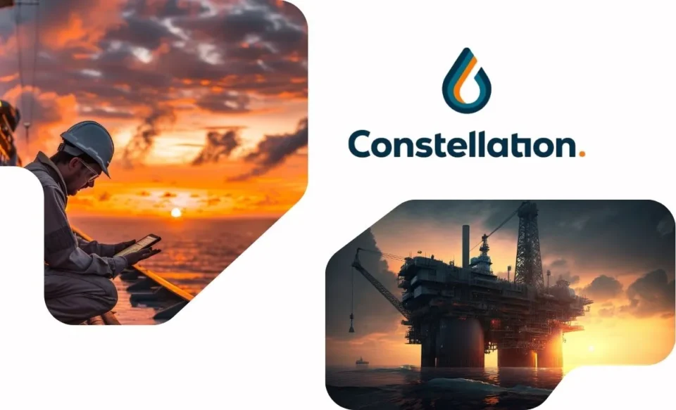 NA IMAGEM TEM A LOGOMARCA DA EMPRESA, CONSTELLATION, E FOTOS DE PLATAFORMAS OFFSHORE.