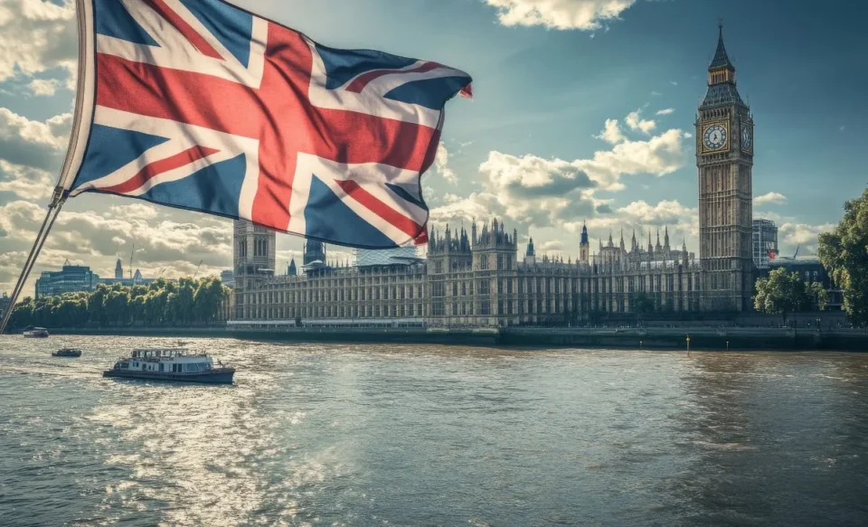 NA IMAGEM TEM A BANDEIRA DA INGLATERRA E DO PARLAMENTO INGLÊS.