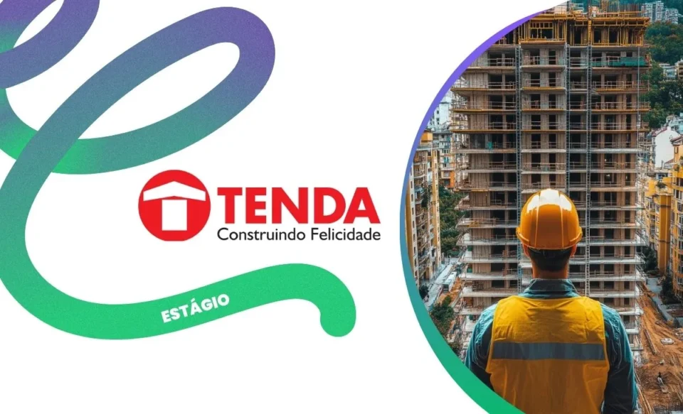 na imagem tem a logomarca da empresa tenda, e uma foto de um prédio em contrução e um engenheiro olhando para a obra.