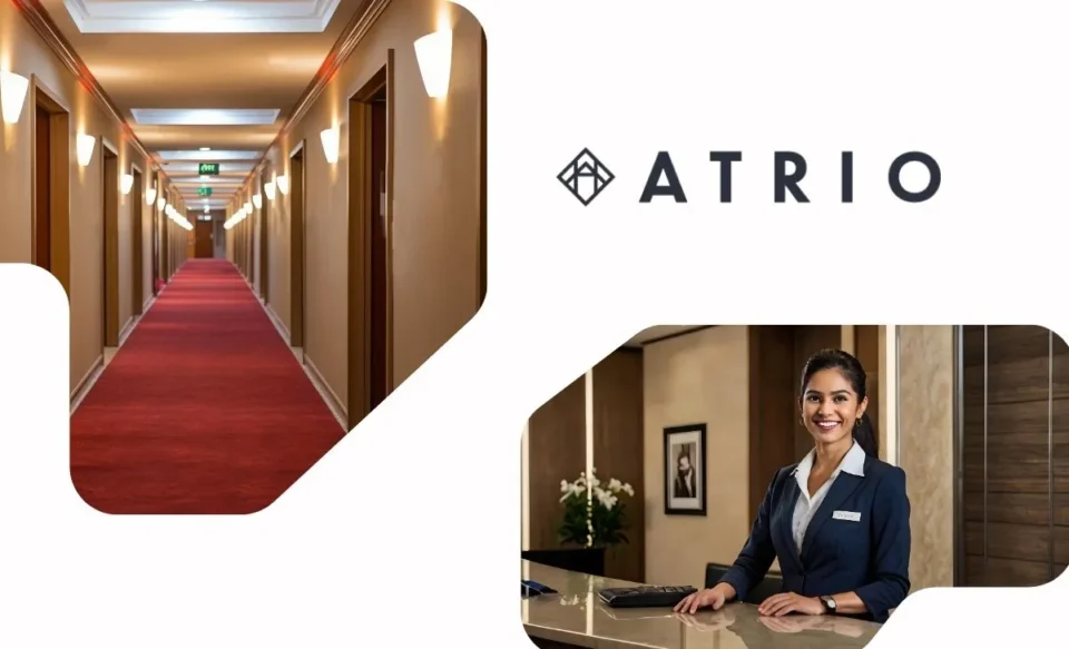 na imagem tem a logomarca da atrio hotel, e duas fotos, uma de um corredor de hotel e a segunda foto de uma recepcionista em seu posto de trabalho.