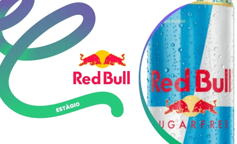 na imagem tem a logomarca da empresa red bull e uma foto de uma lata sem açúcar da redbull