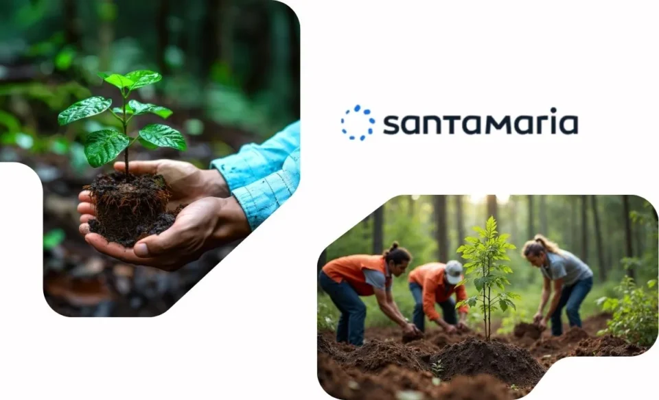 NA IMAGEM TEM A LOGOMARCA DA EMPRESA SANTA MARIA E FOTOS DE REFLORESTAMENTOS