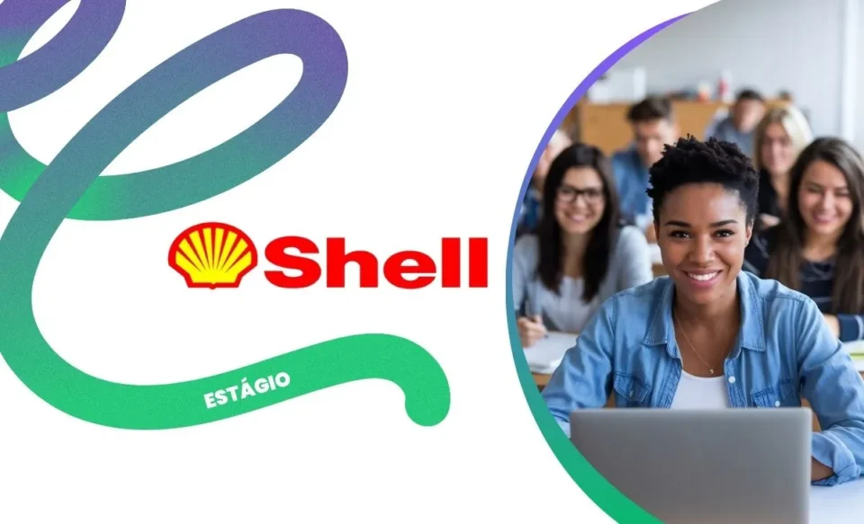 NA IMAGEM TEM A LOGOMARCA DA EMPRESA SHELL, E UMA FOTO DE ESTAGIÁRIOS EM UM ESCRITÓRIO CORPORATIVO.