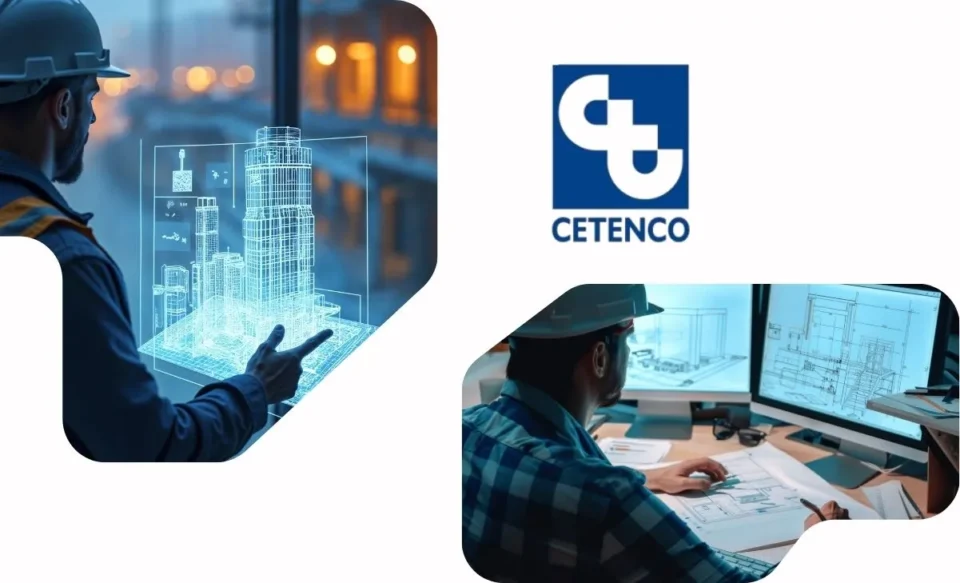 NA IMAGEM TEM A LOGOMARCA DA EMPRESA CETENCO E FOTOS DE ENGENHEIROS EM OBRAS