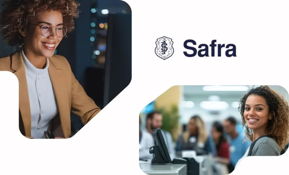 na imagem tem a logomarca da empresa Safra e fotos de trainees trabalhando dentro da agência bancária