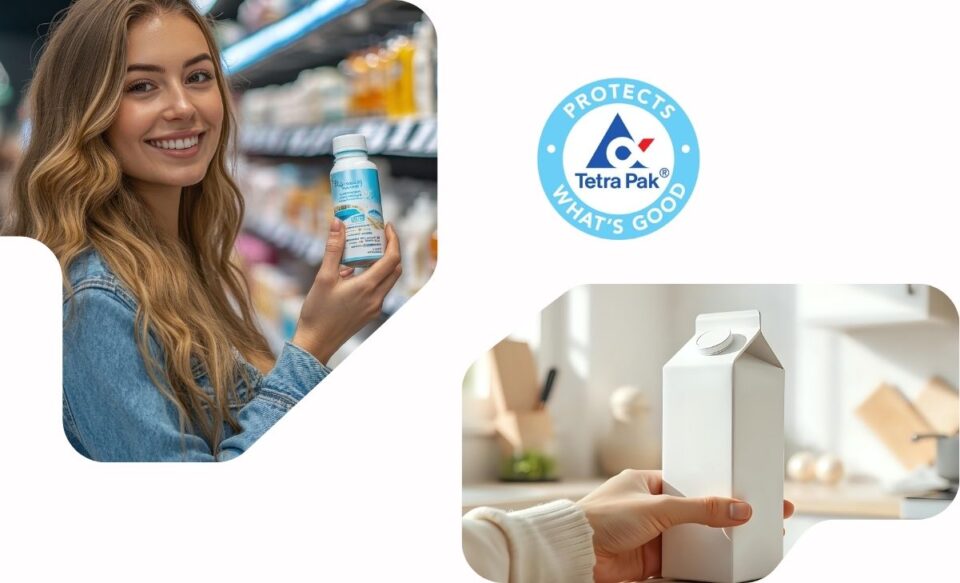 NA IMAGEM TEM A LOGOMARCA DA EMPRESA TETRA PAK, E FOTOS DE UMA MULHER SEGURANDO UMA EMBALAGEM TETRA PAK