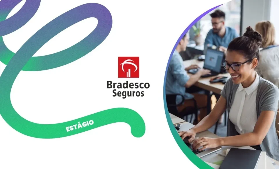 NA IMAGEM TEM A LOGOMARCA DA BRADESCO SEGUROS E UMA FOTO DE ESTAGIÁRIOS EM UM ESCRITÓRIO CORPORATIVO.