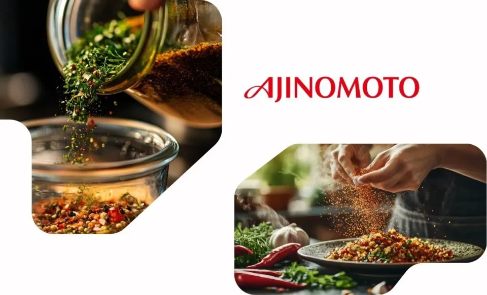 na imagem tem a logomarca da empresa ajinomoto e fotos de temperos naturais.