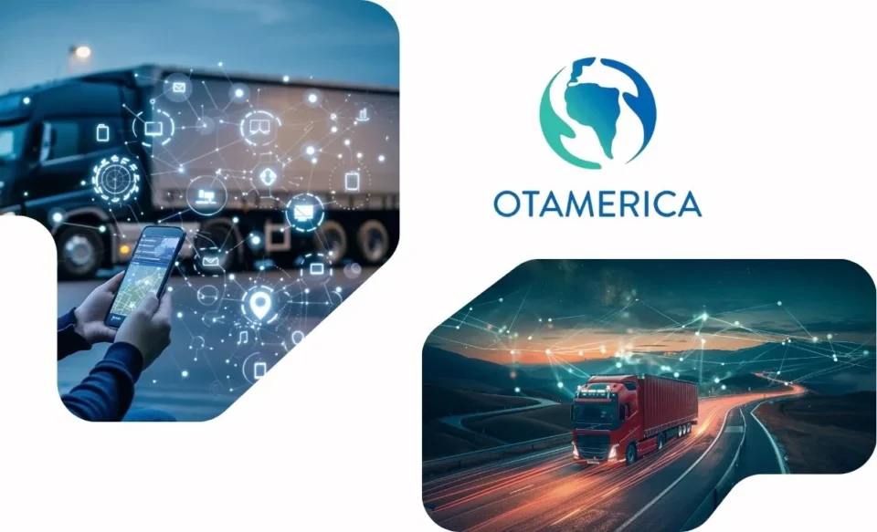 na imagem tem a logomarca da empresa otamerica e fotos de logisticas de estradas.