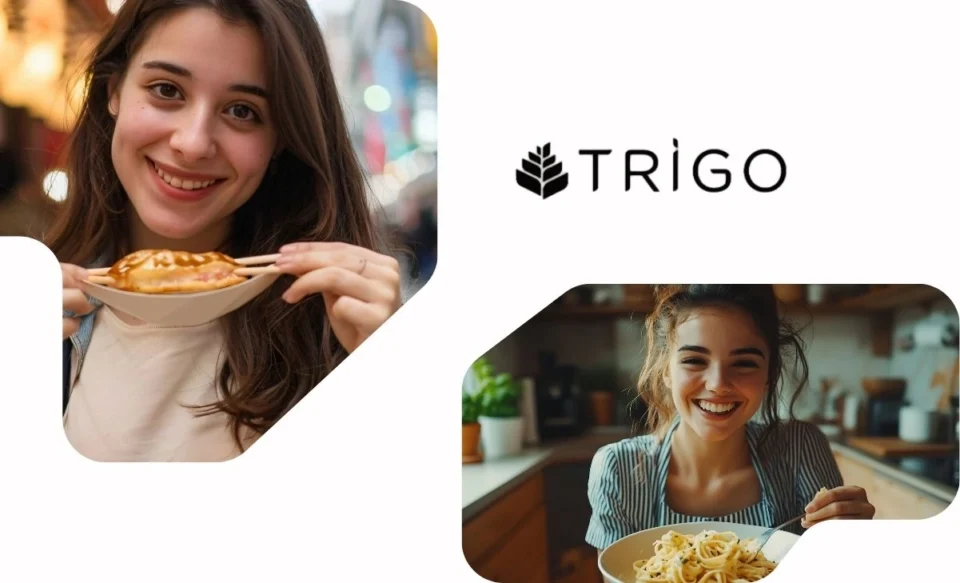 NA IMAGEM TEM A LOGOMARCA DO GRUPO TRIGO E FOTOS DE MULHERES COMENDO MACARRÃO E COMIDA CHINESA.