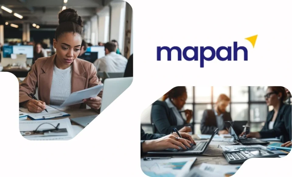 na imagem tem a logomarca da empresa mapah e fotos de pessoas em escritórios de contabilidade.