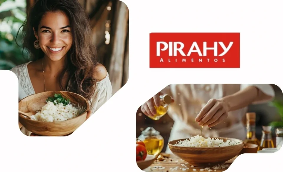 NA IMAGEM TEM A LOGOMARCA DA EMPRESA PIRAHY ALIMENTOS E IMAGENS DE UMA MULHER COMENDO ARROZ.