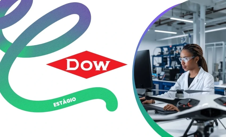 na imagem tem a logomarca da empresa dow, e uma estagiária em seu ambiente de trabalho.