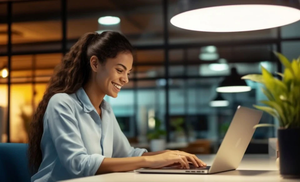 NA IMAGEM UMA MULHER ESTA SENTADA NA FRENTE DO COMPUTADOR E SIMULA A REALIZAÇÃO DOS CURSOS.