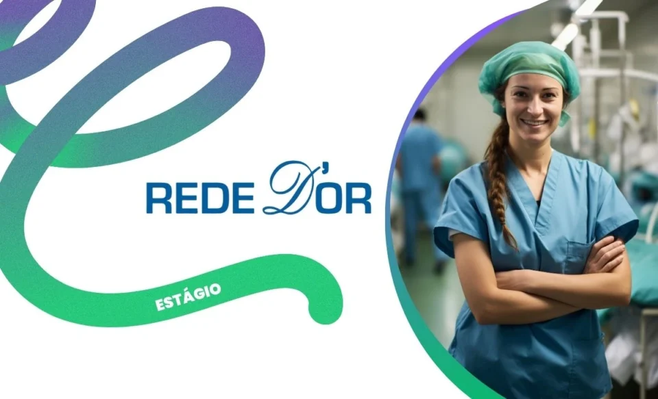 NA IMAGEM TEM A LOGOMARCA DA REDE DOR E UMA ESTAGIÁRIA EM UM HOSPITAL.