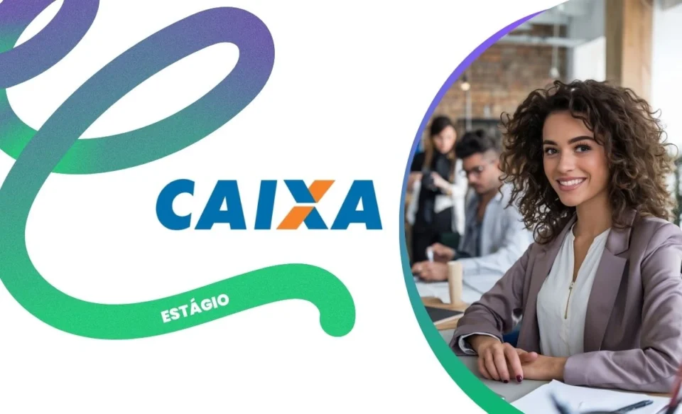 NA IMAGEM TEM A LOGOMARCA DA CAIXA ECONÔMICA FEDERAL E UMA ESTAGIÁRIA.