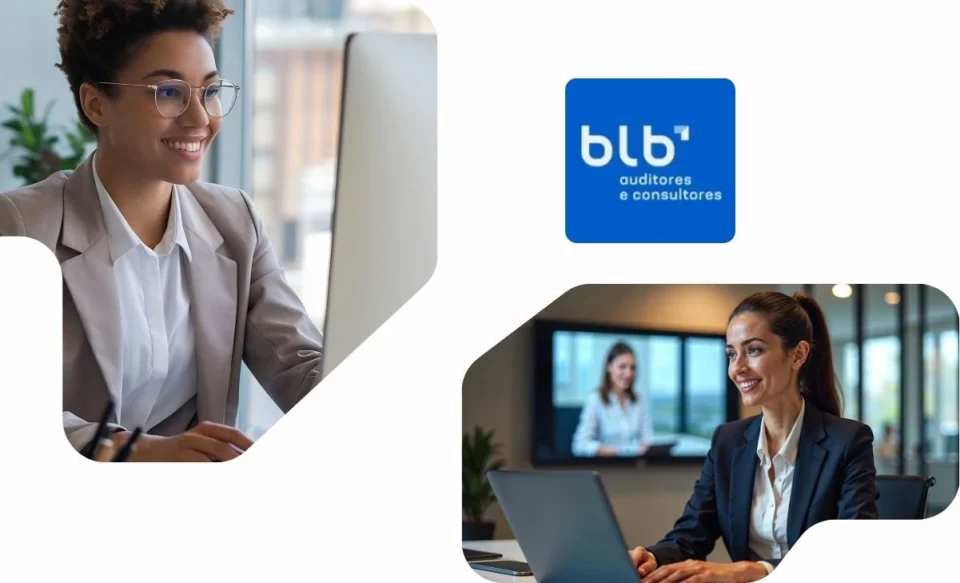no centro da imagem tem a logomarca da empresa blb e fotos de contadores em um escritório corporativo