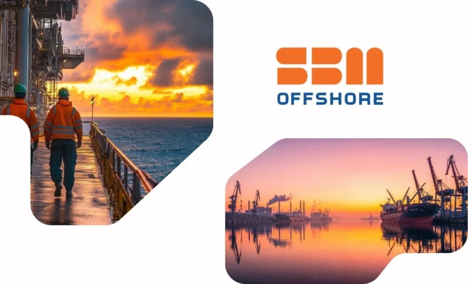 NA IMAGEM TEM A LOGOMARCA DA EMPRESA SBM OFFSHORE E FOTOS DE OPERAÇÕES OFFSHORE