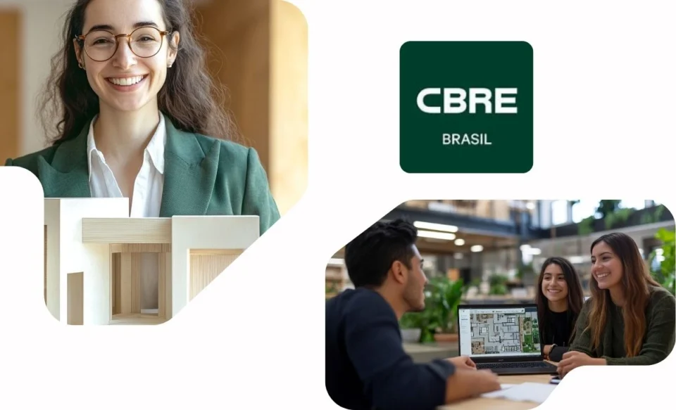 NA IMAGEM TEM A LOGOMARCA DA EMPRESA CBRE BRASIL E FOTOS DE AMBIENTES IMOBILIÁRIOS.
