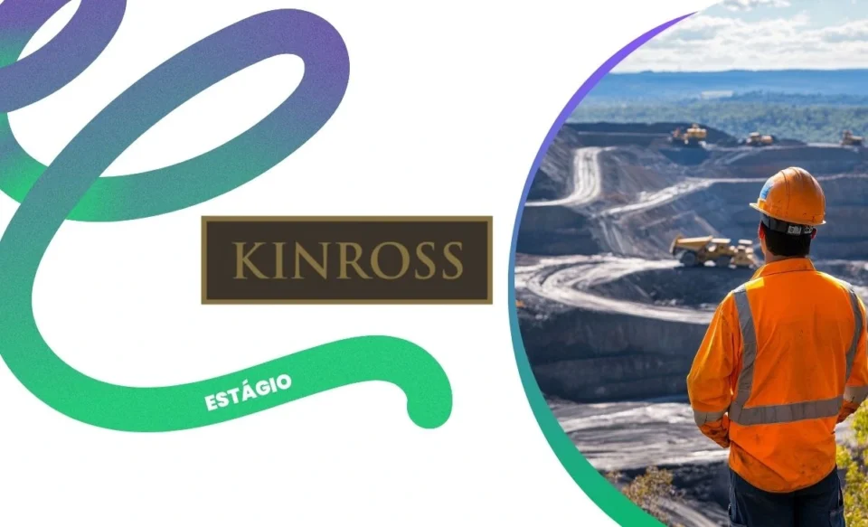 na imagem tem a logomarca da kinross e um engenheiro fiscalizando uma mina.