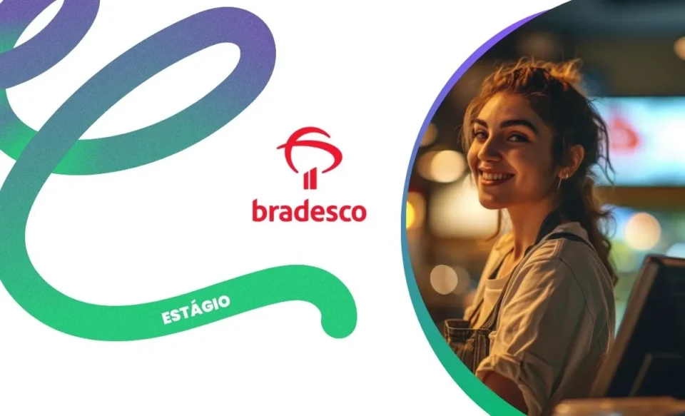 LOGOMARCA DO BANCO BRADESCO E UMA ESTAGIÁRIA NA FOTO