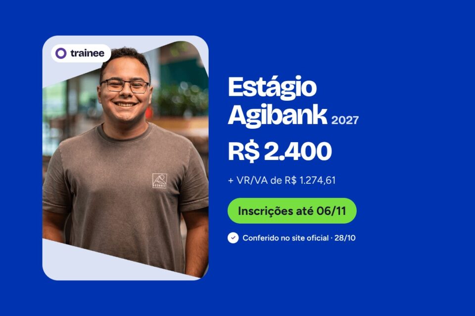 Jovem sorridente de óculos e camiseta cinza em ambiente de escritório, recortado em moldura geométrica. Estágio Agibank 2027: R$ 2.400 + VR/VA de R$ 1.274,61. A partir do 4º semestre, Presencial · Campinas, Inscrições até 6/11. Inscrições até 06/11.
